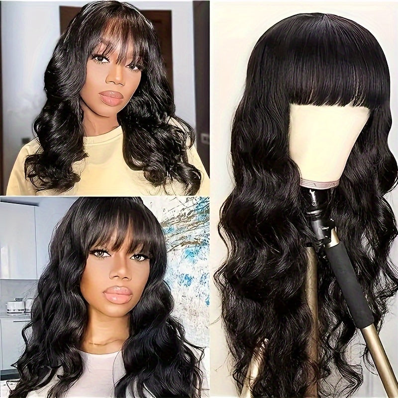 Body Wave Human Hair Wig Suitable for Women - Glueless Full Machine-Made Wig with Bangs | Natural Color Remy Indian Hair | 200% Density Body Wave Texture | for Dreadlock & Braids Styles | Instant Volume Hairpiece