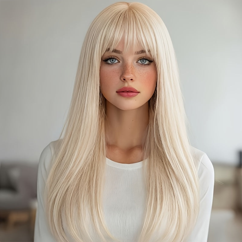26-inch Light Golden Straight Wig with Bangs - Heat-Resistant Synthetic Fiber Suitable for Daily Wear, Cosplay, Parties & Natural Look Hairpiece, Base Wig for Role-Play, Carnivals, Instant Hairstyle
