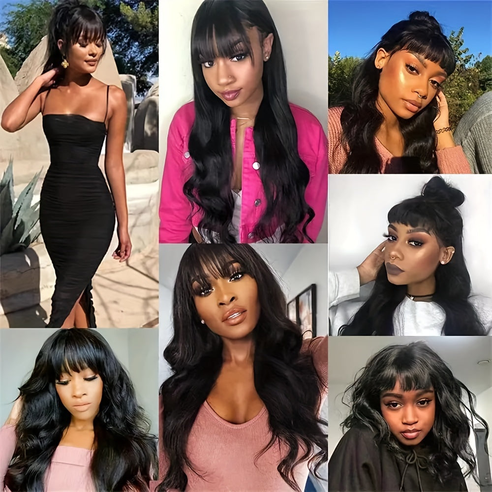 Glueless Body Wave Human Hair Wig with Bangs for Women - Remy Indian Hair, Natural Color 200% Density Machine-Made Full Wig, No Glue for - Application & Maintenance