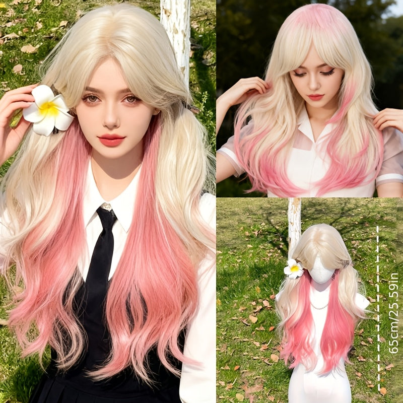 26 Inch Women's Full Wig Suitable for Skin Tones - Looking Gradient Pink Hair with Bangs, Curly Wave Volume, European\u002FAmerican Style for Daily Wear, Parties, Photo Shoots - Long Curly Hair Wig for Versatile Style