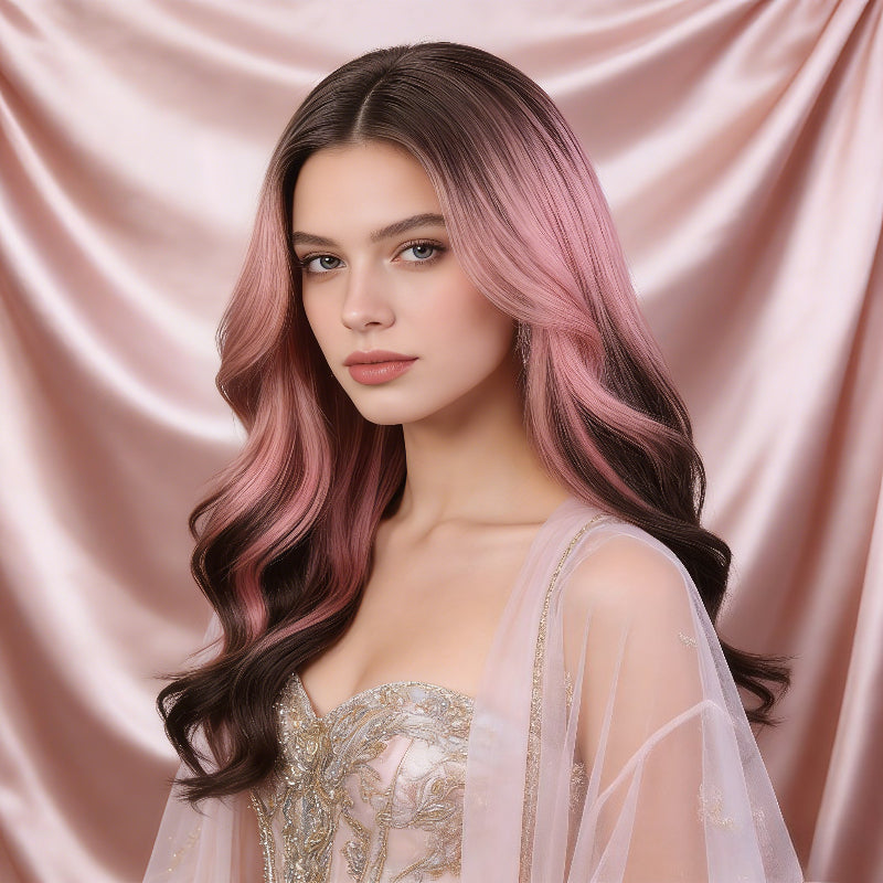 Edgy & Sweet Siamese Cat Pink-Brown Gradient Body Wave Long Curly Wig, Full Cap | Flattering to Shoulder and Neck Line, Creates a Face- Effect | Ideal for Daily Outings, Formal Gown Looks, and Date Photos |