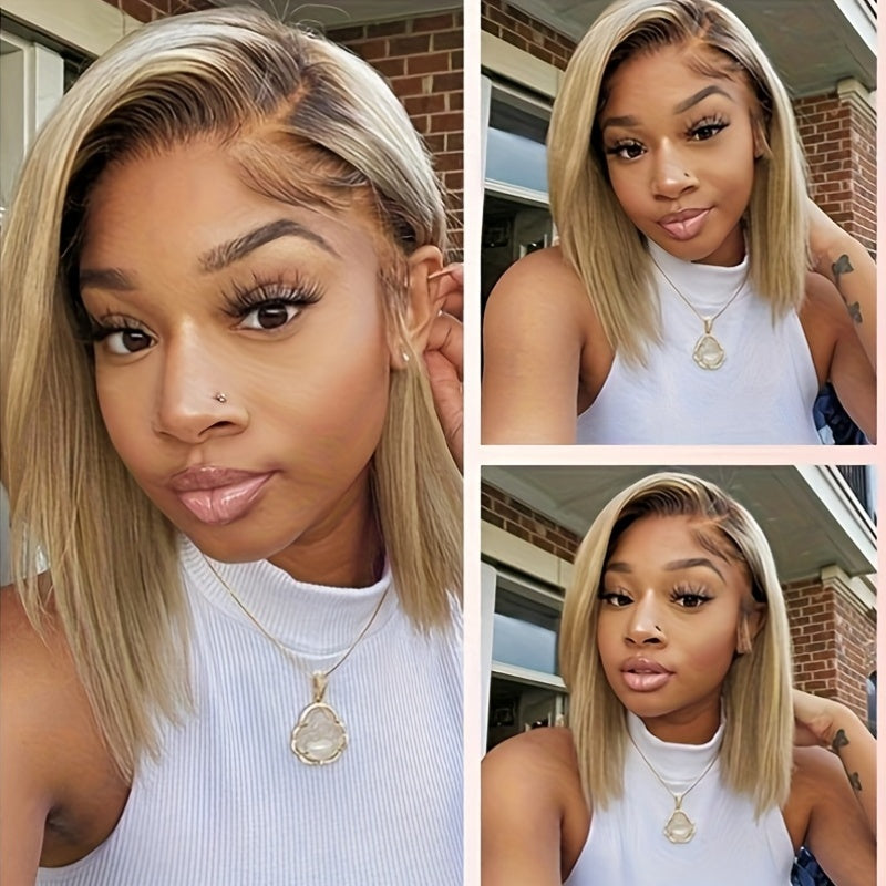 Behooy 12 Inch Ash Blonde Human Hair Wig with Dark Roots - Straight Bob, Transparent Lace Front, Glueless Wig for Women, Natural Look, Density, Perfect for Casual Attire or Special Occasions, Everyday & Party Wear, Versatile Hairpiece