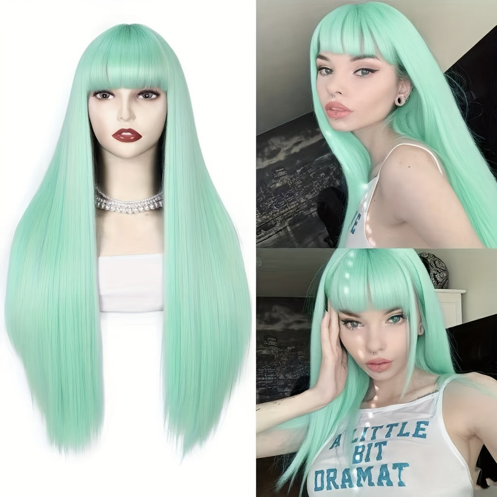 24 Inch Long Black Straight Wig with Bangs Colorful Y Soft Smooth Black Wigs Synthetic Heat Resistant Fiber Hair Daily Party Use with Density for Women