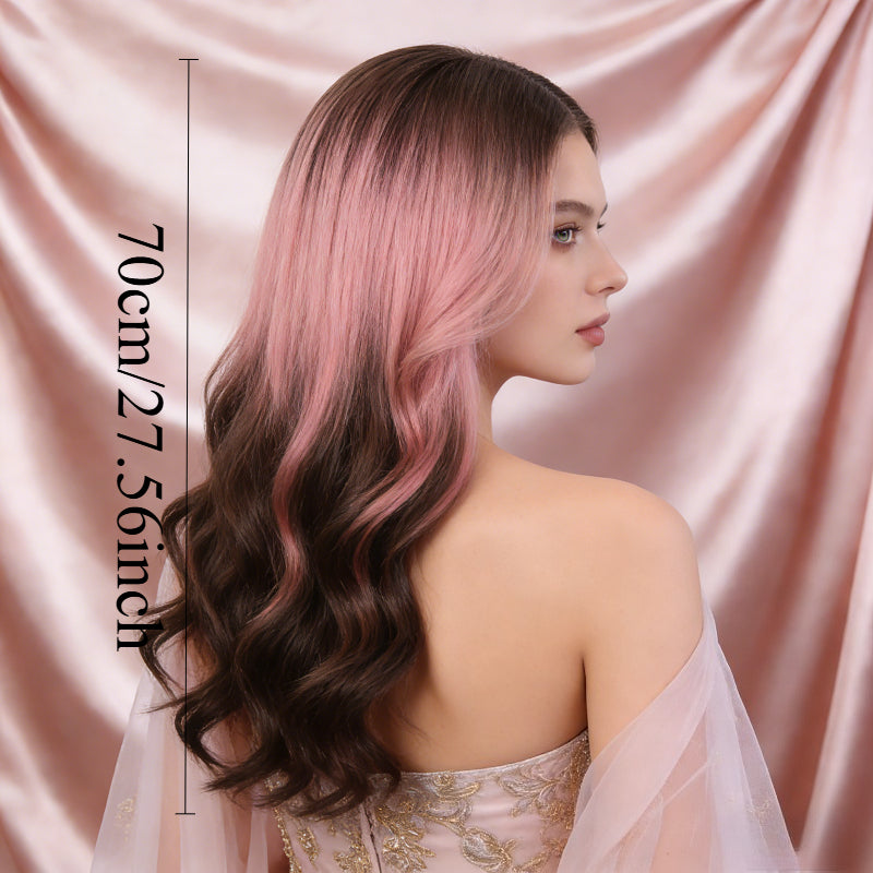 Edgy & Sweet Siamese Cat Pink-Brown Gradient Body Wave Long Curly Wig, Full Cap | Flattering to Shoulder and Neck Line, Creates a Face- Effect | Ideal for Daily Outings, Formal Gown Looks, and Date Photos |