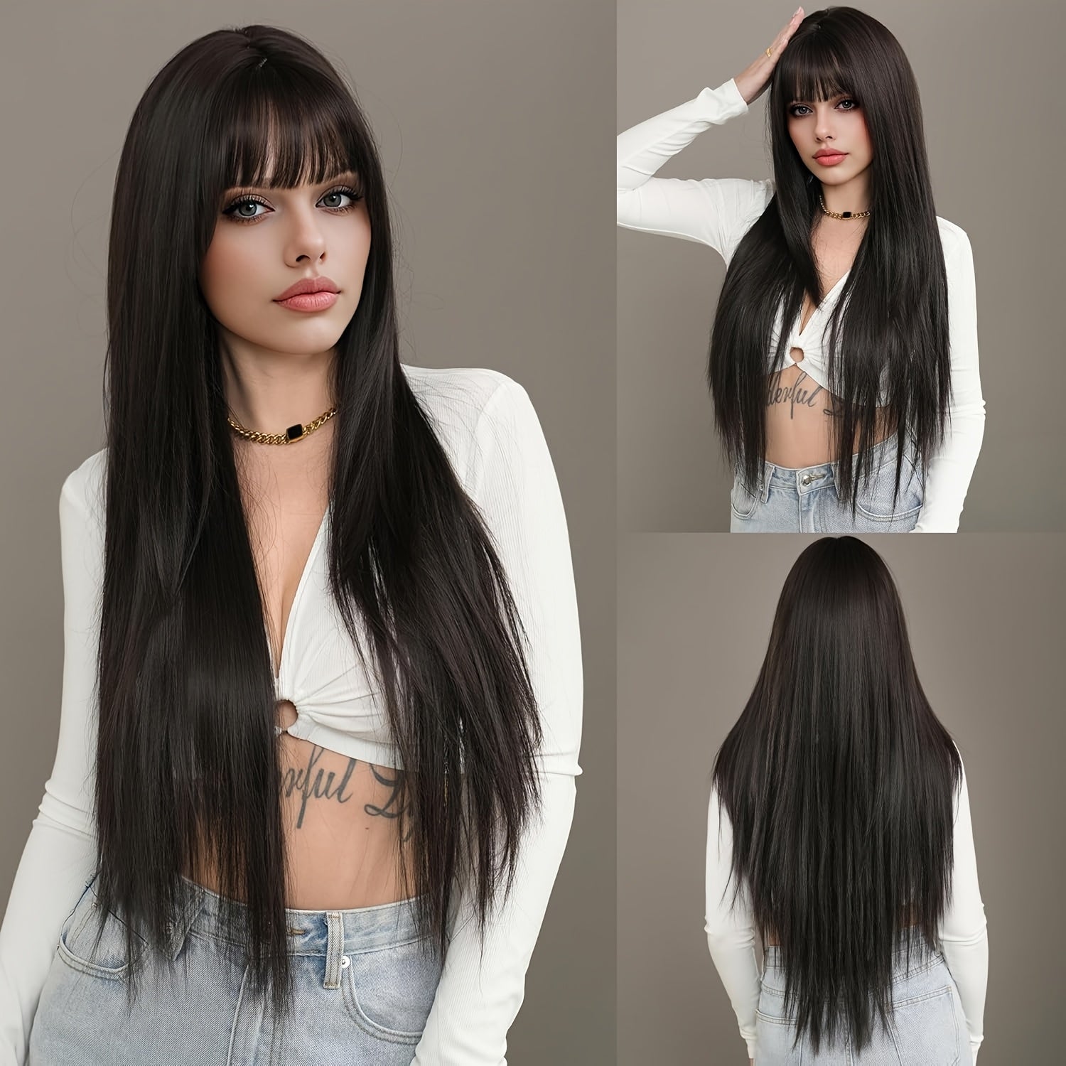 24 Inch Long Black Straight Wig with Bangs Colorful Y Soft Smooth Black Wigs Synthetic Heat Resistant Fiber Hair Daily Party Use with Density for Women