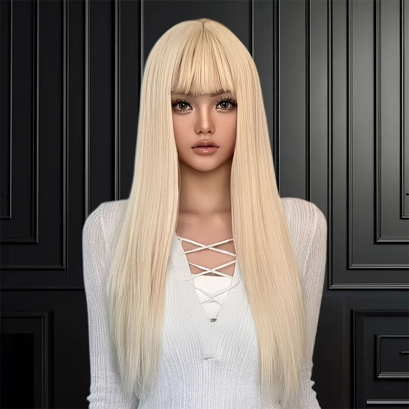 Long Straight Synthetic Wig with Bangs - Heat Resistant Hair Suitable for Daily Wear, Parties, Music Festivals & Christmas - Natural Elegant Look, Volume-Enhancing Straight Hair for Skin Tones & Occasions