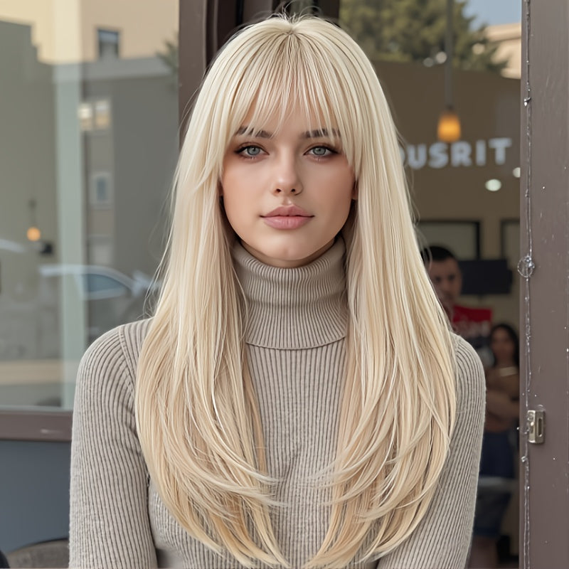 26-inch Light Golden Straight Wig with Bangs - Heat-Resistant Synthetic Fiber Suitable for Daily Wear, Cosplay, Parties & Natural Look Hairpiece, Base Wig for Role-Play, Carnivals, Instant Hairstyle