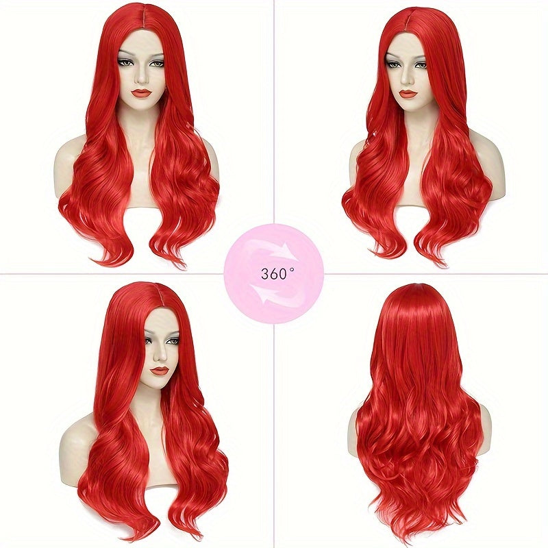 Long Curly Wavy Wig with Middle Split - Pastel Pink & Body Wave Texture, Heat-Resistant Synthetic Hair for Role-Play, for halloween & Music Festivals - Unisex Costume Party Hairpiece for Men & Women - Easy Maintenance & Damage-Free Styling