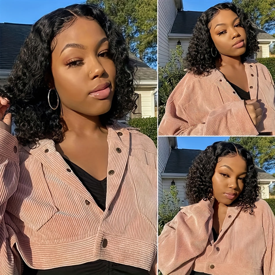 200% Density Glueless 4X4 Deep Wave Human Hair Wig with Transparent Lace Frontal, Ready-To-Wear Pre-Plucked Wigs for Women, Featuring Brazilian Curly Hair