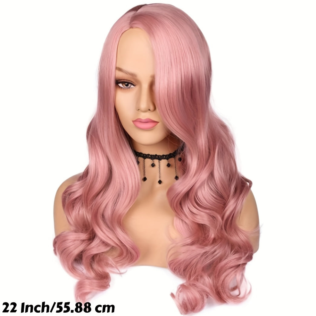 Women'S Long Pink Body Wave Wig - Heat Resistant Synthetic Hair with Natural Curly Waves, Pastel Pink to Rose Red Ombre, Cosplay - Voluminous Body Wave Texture - Easy Maintenance & Damage-Free Styling, Pink Wig, Wig For Women