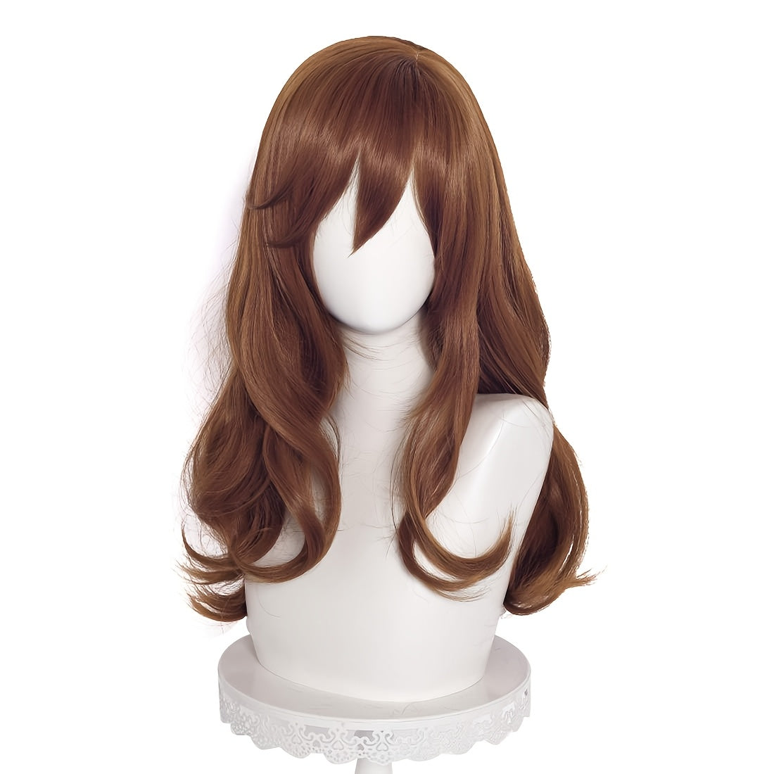 A 28-inch brown side-swept wavy long wig suitable for everyone. It can be used for daily outings, parties, role-playing, comic exhibitions, taking photos as an Internet celebrity, Halloween and Christmas