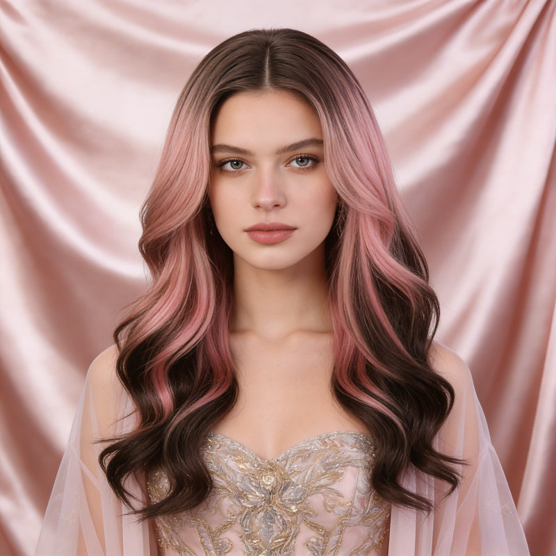 Edgy & Sweet Siamese Cat Pink-Brown Gradient Body Wave Long Curly Wig, Full Cap | Flattering to Shoulder and Neck Line, Creates a Face- Effect | Ideal for Daily Outings, Formal Gown Looks, and Date Photos |