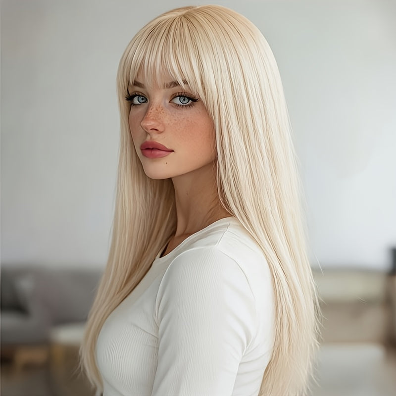 26-inch Light Golden Straight Wig with Bangs - Heat-Resistant Synthetic Fiber Suitable for Daily Wear, Cosplay, Parties & Natural Look Hairpiece, Base Wig for Role-Play, Carnivals, Instant Hairstyle