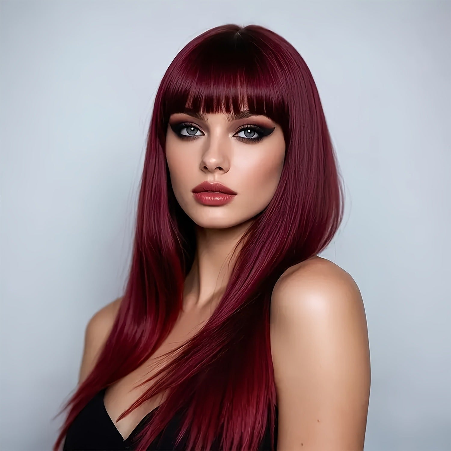 Elegant 26-Inch Burgundy Long Straight Synthetic Wig with Bangs - Women'S Wig, Density, Stylish Long Straight Black Hair with a Look, Heat-Resistant Synthetic Fibers, Perfect for Everyday Use And Party Events