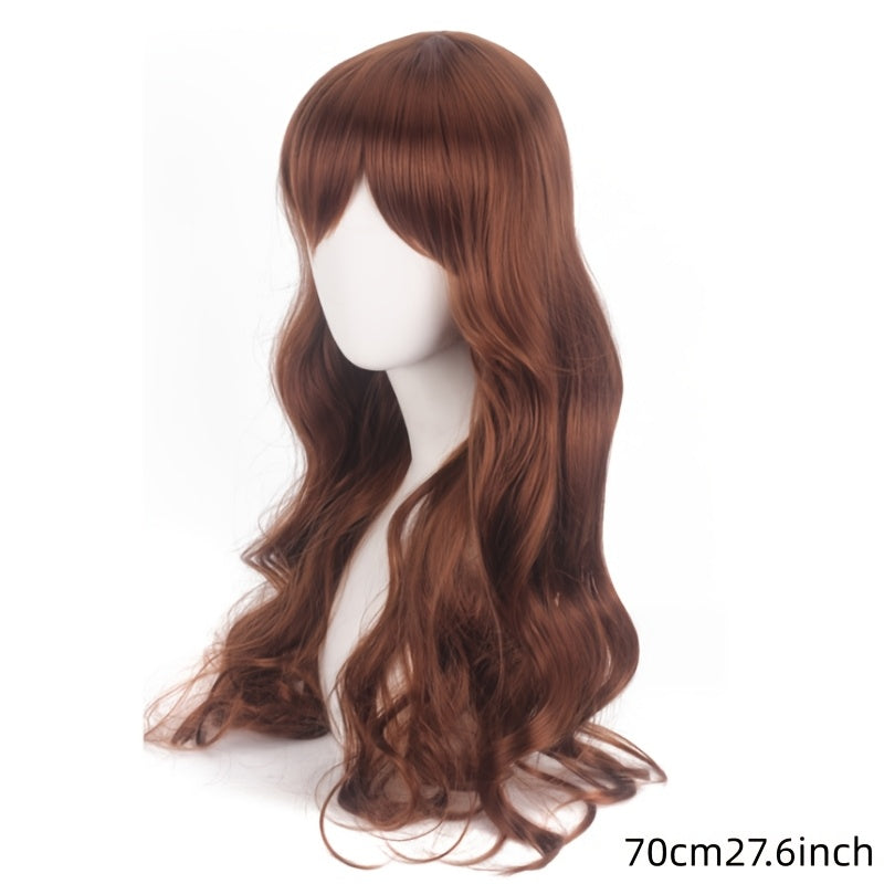 A 28-inch brown side-swept wavy long wig suitable for everyone. It can be used for daily outings, parties, role-playing, comic exhibitions, taking photos as an Internet celebrity, Halloween and Christmas