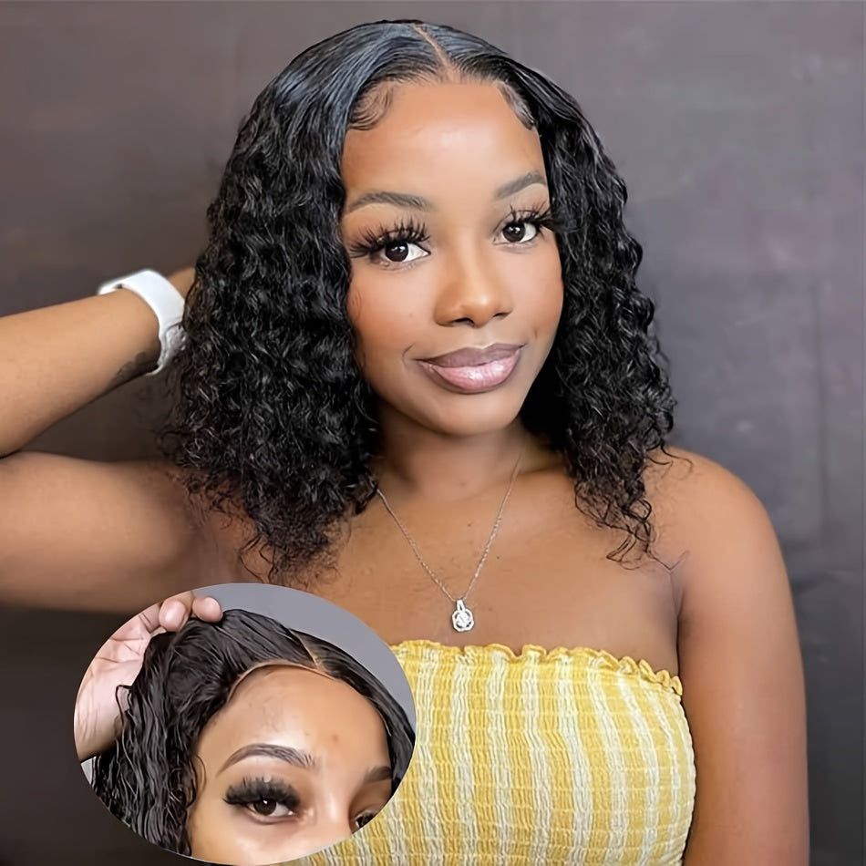 200% Density Glueless 4X4 Deep Wave Human Hair Wig with Transparent Lace Frontal, Ready-To-Wear Pre-Plucked Wigs for Women, Featuring Brazilian Curly Hair
