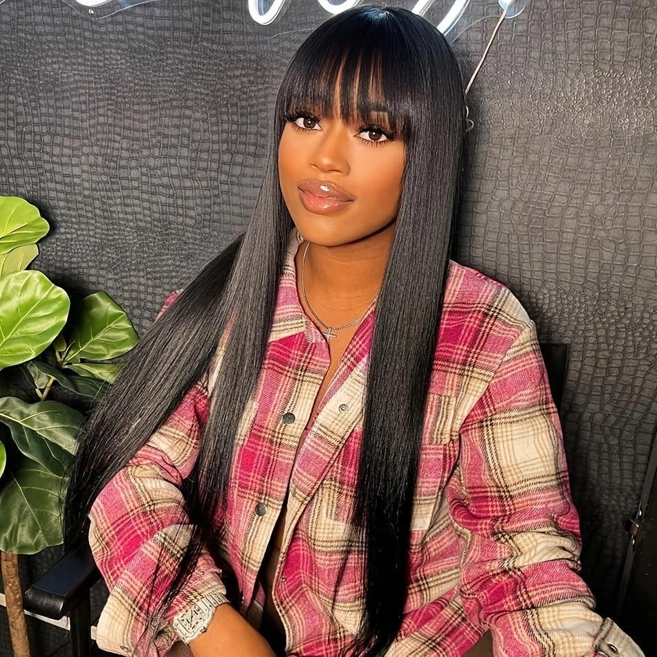 24 Inch Long Black Straight Wig with Bangs Colorful Y Soft Smooth Black Wigs Synthetic Heat Resistant Fiber Hair Daily Party Use with Density for Women