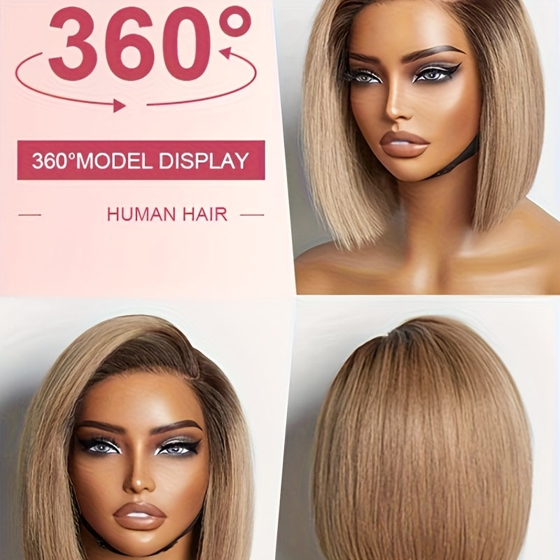 Behooy 12 Inch Ash Blonde Human Hair Wig with Dark Roots - Straight Bob, Transparent Lace Front, Glueless Wig for Women, Natural Look, Density, Perfect for Casual Attire or Special Occasions, Everyday & Party Wear, Versatile Hairpiece