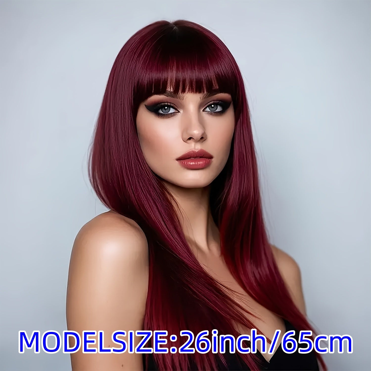 Elegant 26-Inch Burgundy Long Straight Synthetic Wig with Bangs - Women'S Wig, Density, Stylish Long Straight Black Hair with a Look, Heat-Resistant Synthetic Fibers, Perfect for Everyday Use And Party Events