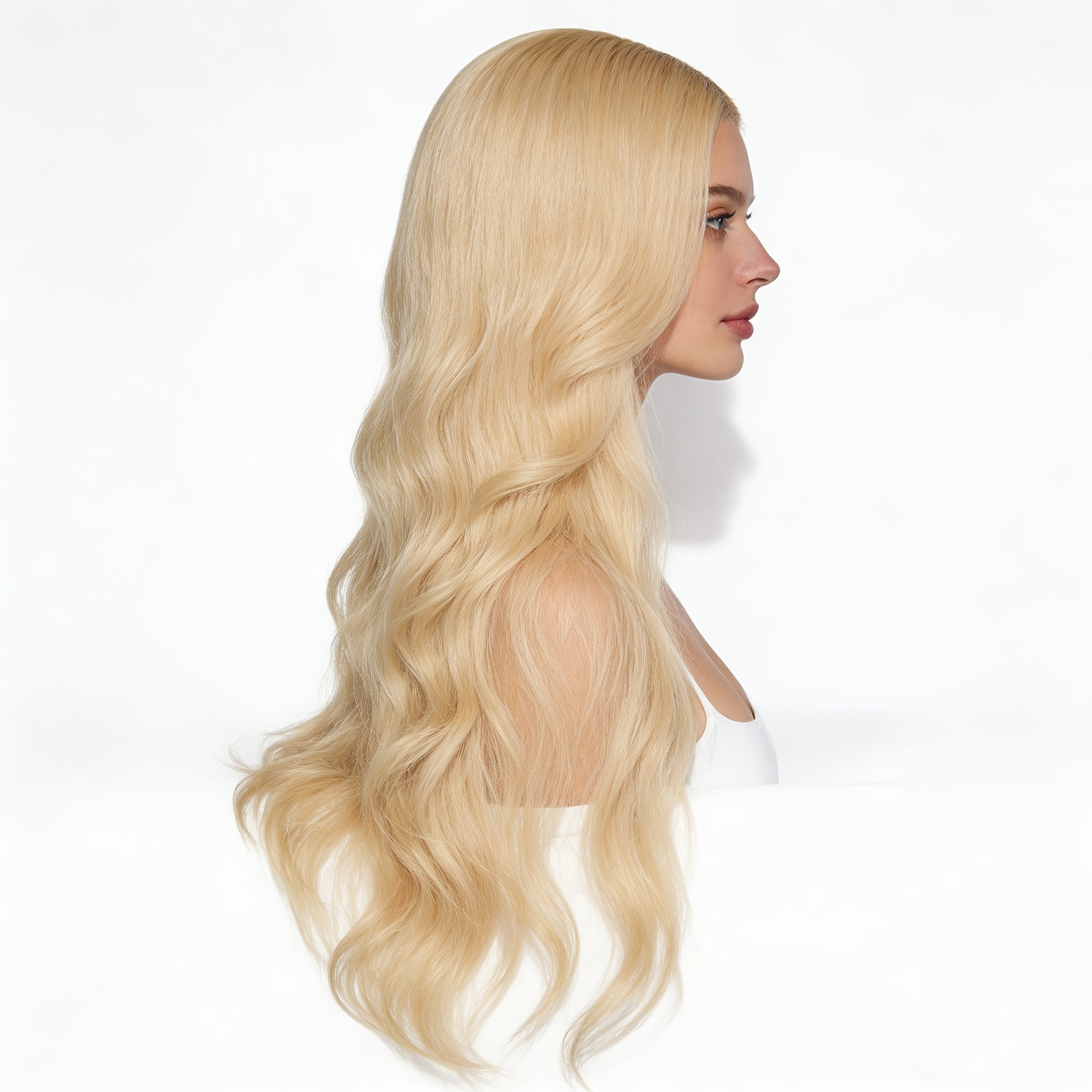 22-inch European and American Fashion Center-parted Large Wave Light Blonde Full Head Wig with Natural Luster and Smooth Texture, Perfect Accessory for Daily Wear, Parties, Festivals, and Vacation Styling
