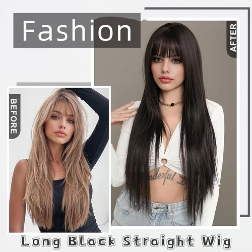 24 Inch Long Black Straight Wig with Bangs Colorful Y Soft Smooth Black Wigs Synthetic Heat Resistant Fiber Hair Daily Party Use with Density for Women
