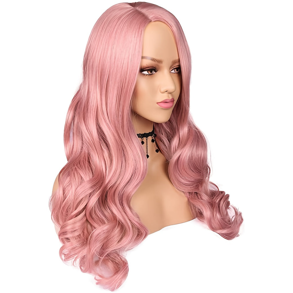 Women'S Long Pink Body Wave Wig - Heat Resistant Synthetic Hair with Natural Curly Waves, Pastel Pink to Rose Red Ombre, Cosplay - Voluminous Body Wave Texture - Easy Maintenance & Damage-Free Styling, Pink Wig, Wig For Women
