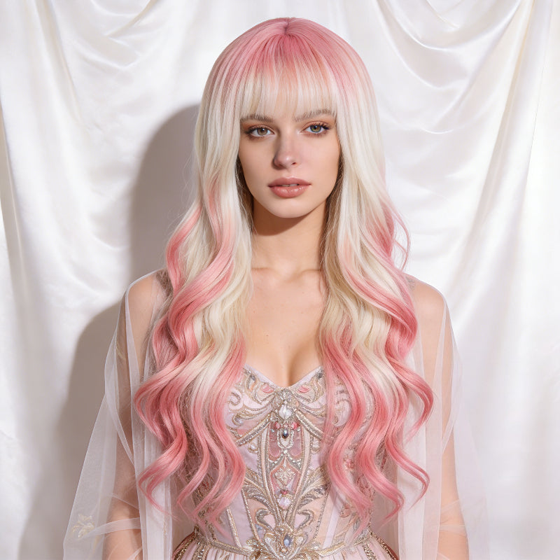 Gradient Pink-Platinum Blonde Long Curly Wig - Air Bangs, Soft-Girl Vibes and Daily Wear | Perfect for Outings, Photo Shoots and Gatherings