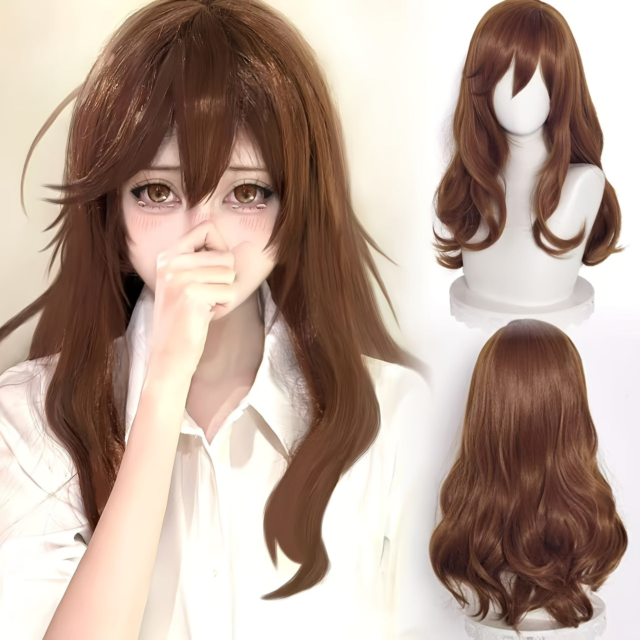 A 28-inch brown side-swept wavy long wig suitable for everyone. It can be used for daily outings, parties, role-playing, comic exhibitions, taking photos as an Internet celebrity, Halloween and Christmas