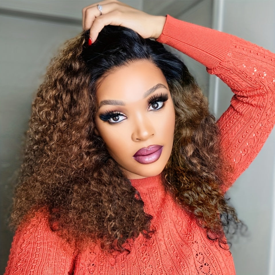 13x4 Lace Front Brown Ombre Curly Wave Human Hair Wigs | Brazilian Lace Part, Remy Hair, Density, Ideal for Vacation Style