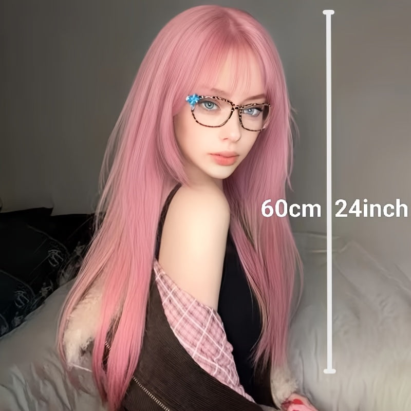 A Festive Wig Suitable for Everyone, Pink Smoky Long Straight Wig with Bangs, Cool and Fashionable, Trend-seeking, Suitable for Conventions, Themed Parties, Daily Life, and Other Occasions, Halloween, Black Friday, Thanksgiving, Christmas.