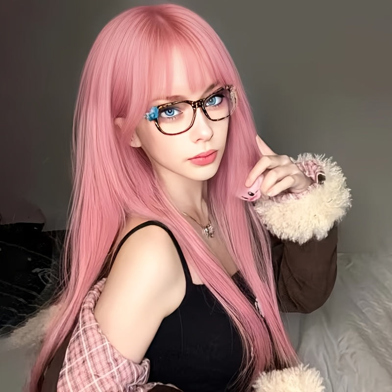 A Festive Wig Suitable for Everyone, Pink Smoky Long Straight Wig with Bangs, Cool and Fashionable, Trend-seeking, Suitable for Conventions, Themed Parties, Daily Life, and Other Occasions, Halloween, Black Friday, Thanksgiving, Christmas.