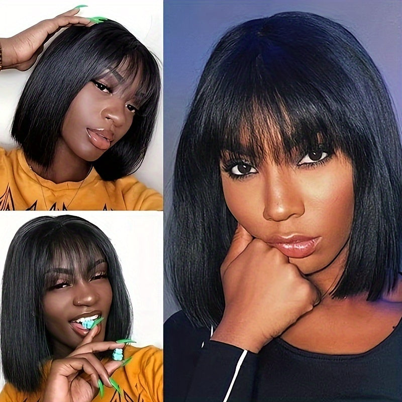 Straight Scalp Bob with Bangs | Glue-Free Wig, High Temperature Fiber, Elastic Cap, Body Wave