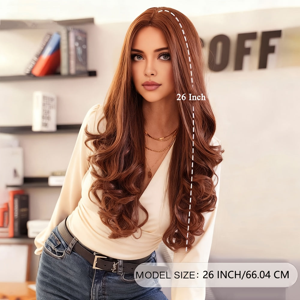 European and American Wig, Long Loose Curly Hair for Women, 26 Inch Chocolate Brown Color Middle Part Synthetic Wig, Beginner Friendly, for Daily, Party, Holiday, Wedding, Valentines