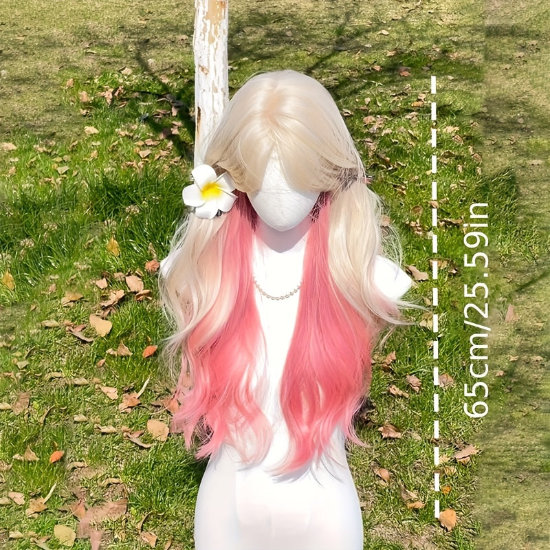 26 Inch Women's Full Wig Suitable for Skin Tones - Looking Gradient Pink Hair with Bangs, Curly Wave Volume, European\u002FAmerican Style for Daily Wear, Parties, Photo Shoots - Long Curly Hair Wig for Versatile Style