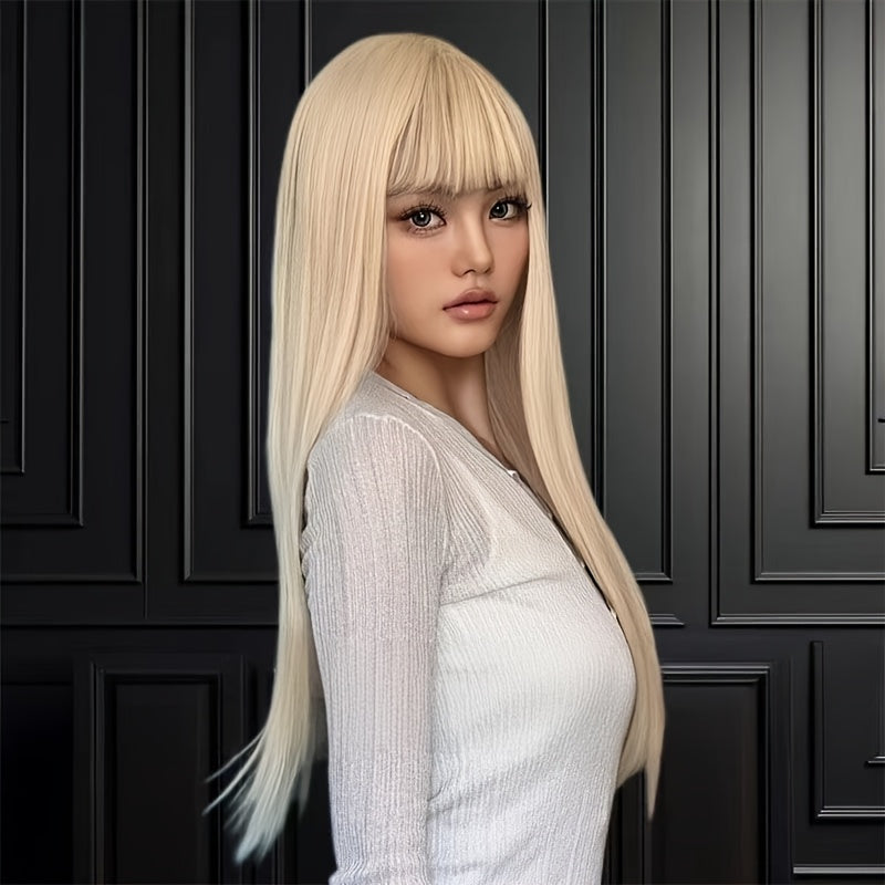 Long Straight Synthetic Wig with Bangs - Heat Resistant Hair Suitable for Daily Wear, Parties, Music Festivals & Christmas - Natural Elegant Look, Volume-Enhancing Straight Hair for Skin Tones & Occasions