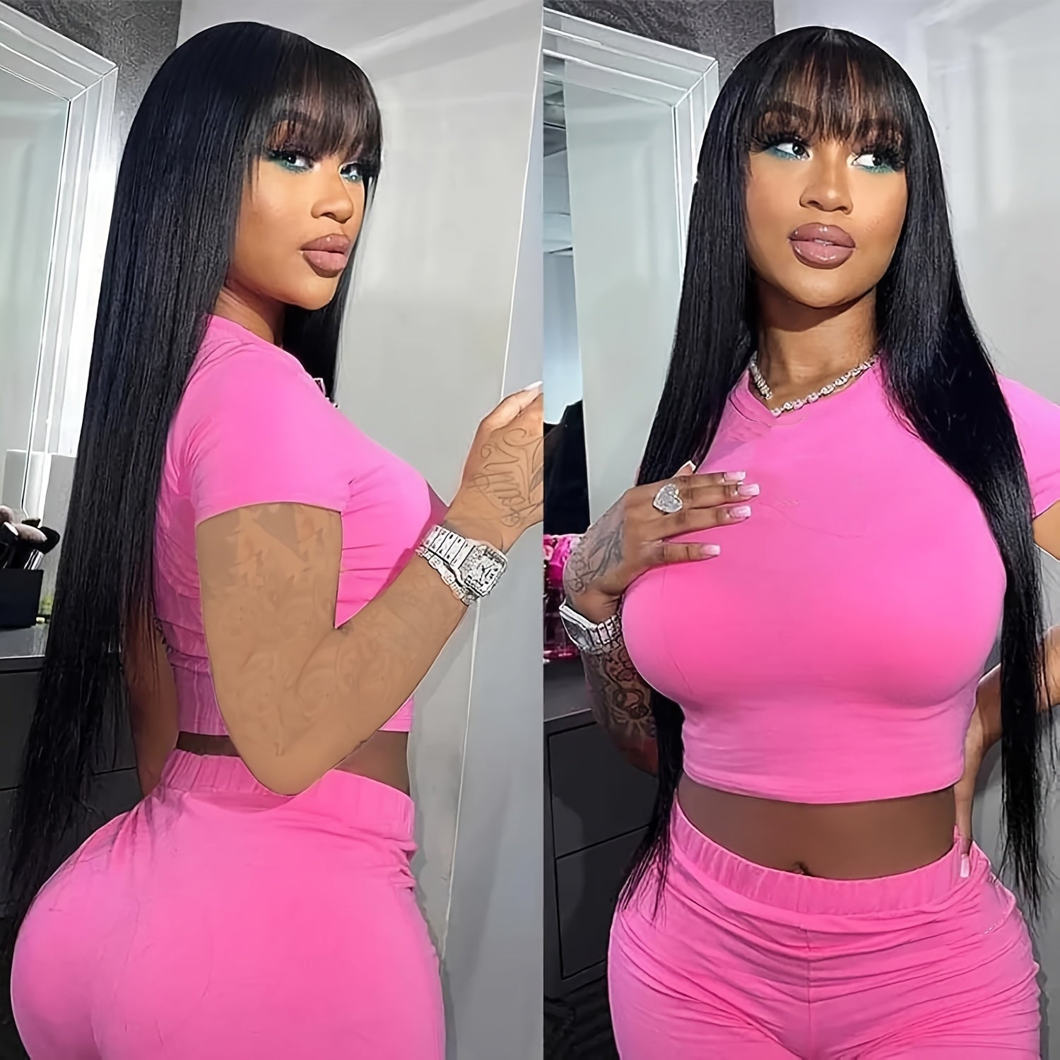 24 Inch Long Black Straight Wig with Bangs Colorful Y Soft Smooth Black Wigs Synthetic Heat Resistant Fiber Hair Daily Party Use with Density for Women