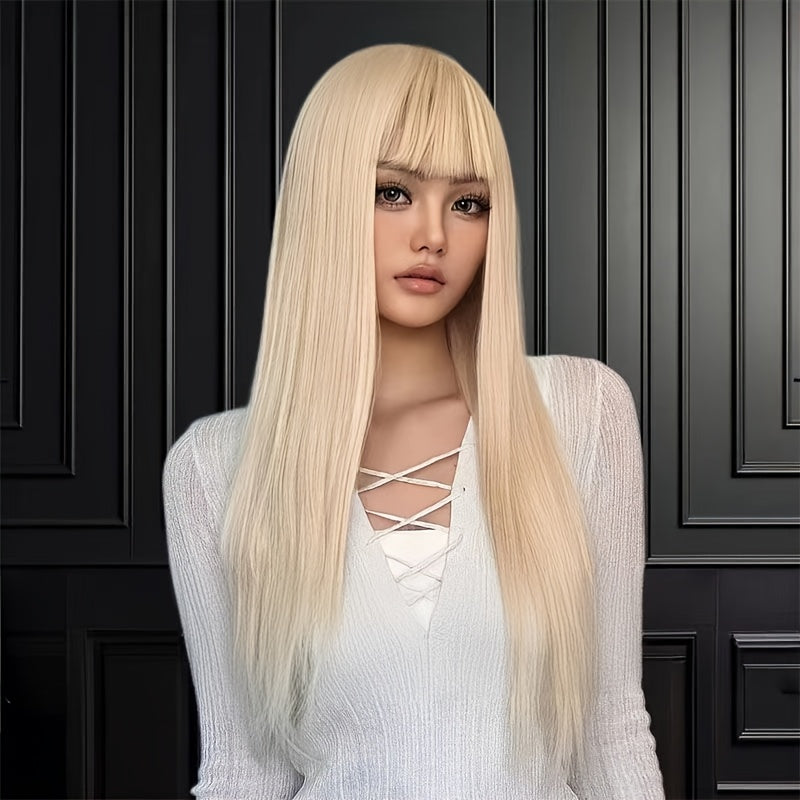 Long Straight Synthetic Wig with Bangs - Heat Resistant Hair Suitable for Daily Wear, Parties, Music Festivals & Christmas - Natural Elegant Look, Volume-Enhancing Straight Hair for Skin Tones & Occasions