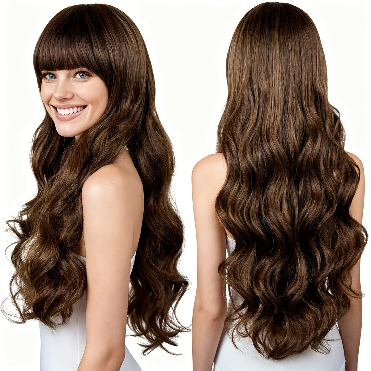 European And American Style Light Brown Long Wavy Hair Wig with Air Bangs, Rose Net Lace Wig for Women, Full Head Long Curly Hair with Big Waves, Fashionable Waist-Length Hair with Side-Swept Bangs