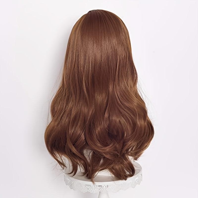 A 28-inch brown side-swept wavy long wig suitable for everyone. It can be used for daily outings, parties, role-playing, comic exhibitions, taking photos as an Internet celebrity, Halloween and Christmas