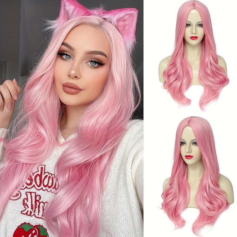Long Curly Wavy Wig with Middle Split - Pastel Pink & Body Wave Texture, Heat-Resistant Synthetic Hair for Role-Play, for halloween & Music Festivals - Unisex Costume Party Hairpiece for Men & Women - Easy Maintenance & Damage-Free Styling