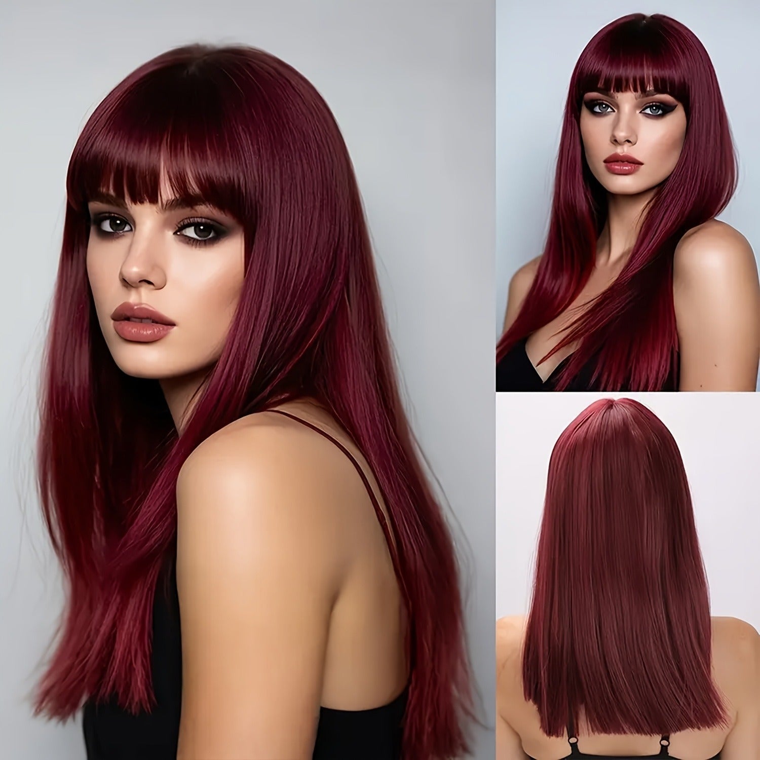 Elegant 26-Inch Burgundy Long Straight Synthetic Wig with Bangs - Women'S Wig, Density, Stylish Long Straight Black Hair with a Look, Heat-Resistant Synthetic Fibers, Perfect for Everyday Use And Party Events