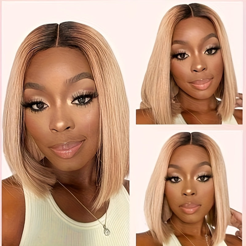 Behooy 12 Inch Ash Blonde Human Hair Wig with Dark Roots - Straight Bob, Transparent Lace Front, Glueless Wig for Women, Natural Look, Density, Perfect for Casual Attire or Special Occasions, Everyday & Party Wear, Versatile Hairpiece