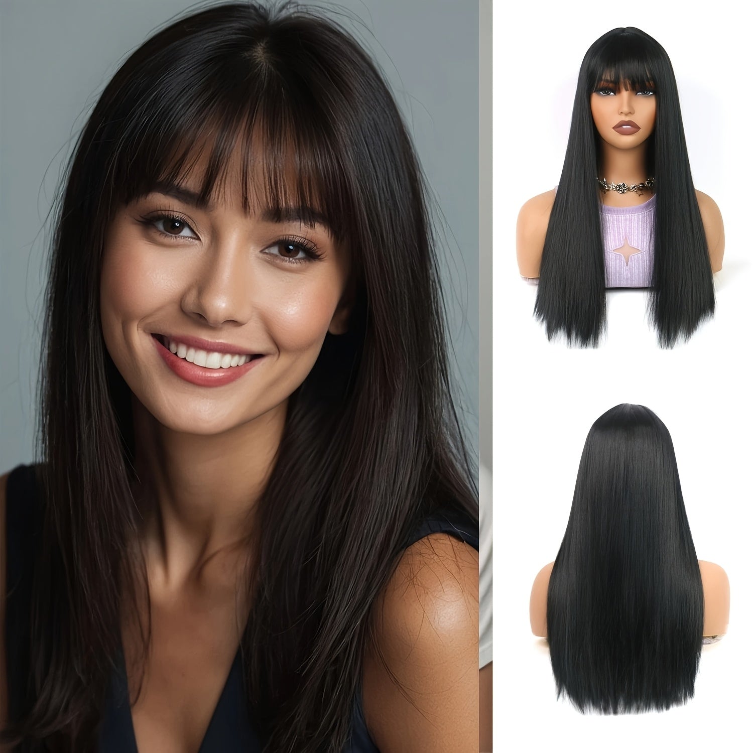 Elegant 26-Inch Burgundy Long Straight Synthetic Wig with Bangs - Women'S Wig, Density, Stylish Long Straight Black Hair with a Look, Heat-Resistant Synthetic Fibers, Perfect for Everyday Use And Party Events