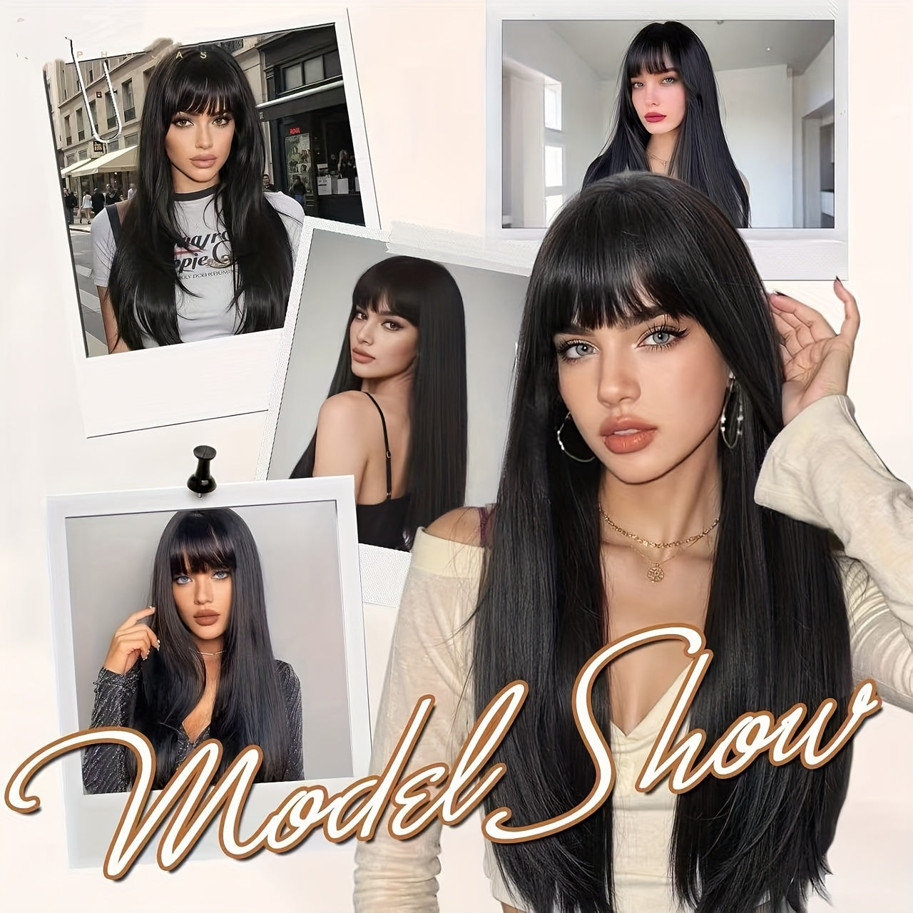24 Inch Long Black Straight Wig with Bangs Colorful Y Soft Smooth Black Wigs Synthetic Heat Resistant Fiber Hair Daily Party Use with Density for Women