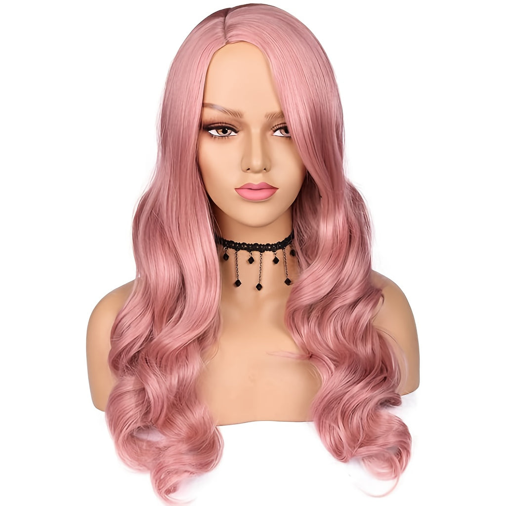 Women'S Long Pink Body Wave Wig - Heat Resistant Synthetic Hair with Natural Curly Waves, Pastel Pink to Rose Red Ombre, Cosplay - Voluminous Body Wave Texture - Easy Maintenance & Damage-Free Styling, Pink Wig, Wig For Women