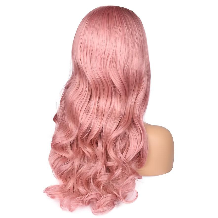 Women'S Long Pink Body Wave Wig - Heat Resistant Synthetic Hair with Natural Curly Waves, Pastel Pink to Rose Red Ombre, Cosplay - Voluminous Body Wave Texture - Easy Maintenance & Damage-Free Styling, Pink Wig, Wig For Women