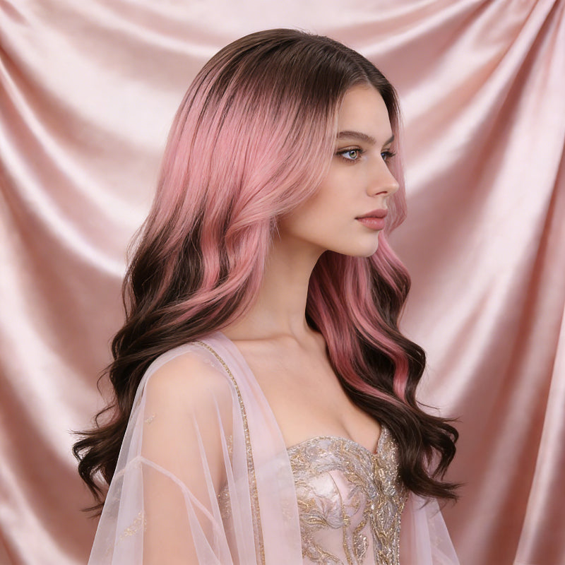Edgy & Sweet Siamese Cat Pink-Brown Gradient Body Wave Long Curly Wig, Full Cap | Flattering to Shoulder and Neck Line, Creates a Face- Effect | Ideal for Daily Outings, Formal Gown Looks, and Date Photos |
