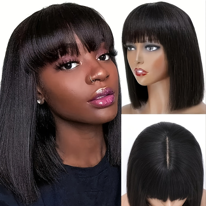 Straight Scalp Bob with Bangs | Glue-Free Wig, High Temperature Fiber, Elastic Cap, Body Wave