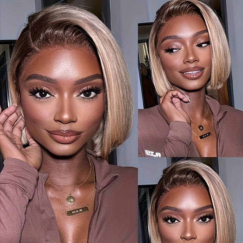 Behooy 12 Inch Ash Blonde Human Hair Wig with Dark Roots - Straight Bob, Transparent Lace Front, Glueless Wig for Women, Natural Look, Density, Perfect for Casual Attire or Special Occasions, Everyday & Party Wear, Versatile Hairpiece