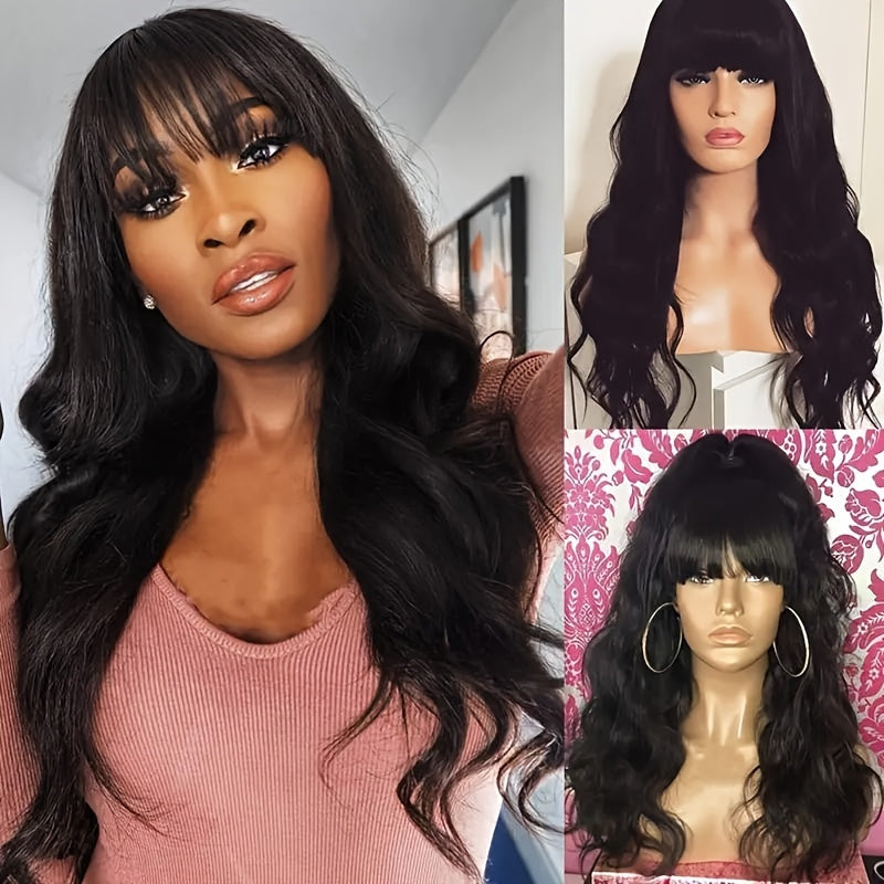 Glueless Body Wave Human Hair Wig with Bangs for Women - Remy Indian Hair, Natural Color 200% Density Machine-Made Full Wig, No Glue for - Application & Maintenance